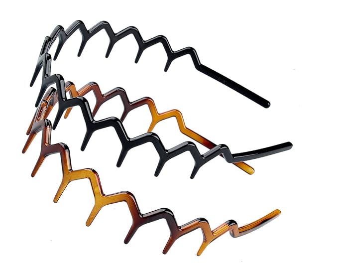 KALIYOTO Zig Zag Headbands - Recycled Plastic Wavy Hair Band with Teeth, Headbands for Women and Men, Classic 90s Hair Accessories, Black and Brown - 2 pcs