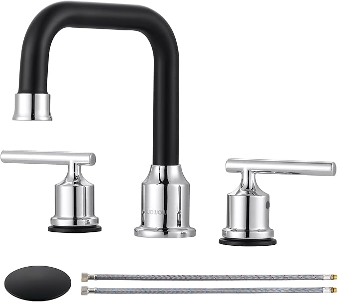 WOWOW Black and Chrome Bathroom Sink Faucet, Widespread Bathroom Faucet 3 Hole Vanity Tap 8 Inch Bathroom Tap with Pop Up Drain Assembly & cUPC Supply Lines, 2 Handle Basin Faucet Modern