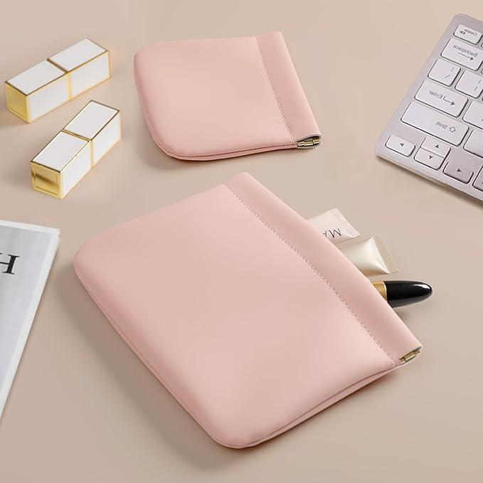 MEIBOOCH 2 Pack Small Makeup Bag for Women, New Organosilicon Super Fiber PU Leather Mini Cosmetic Bag for Travel, Coin Purse Organizer Storage Pouch (No Phrase Printed, Pink)