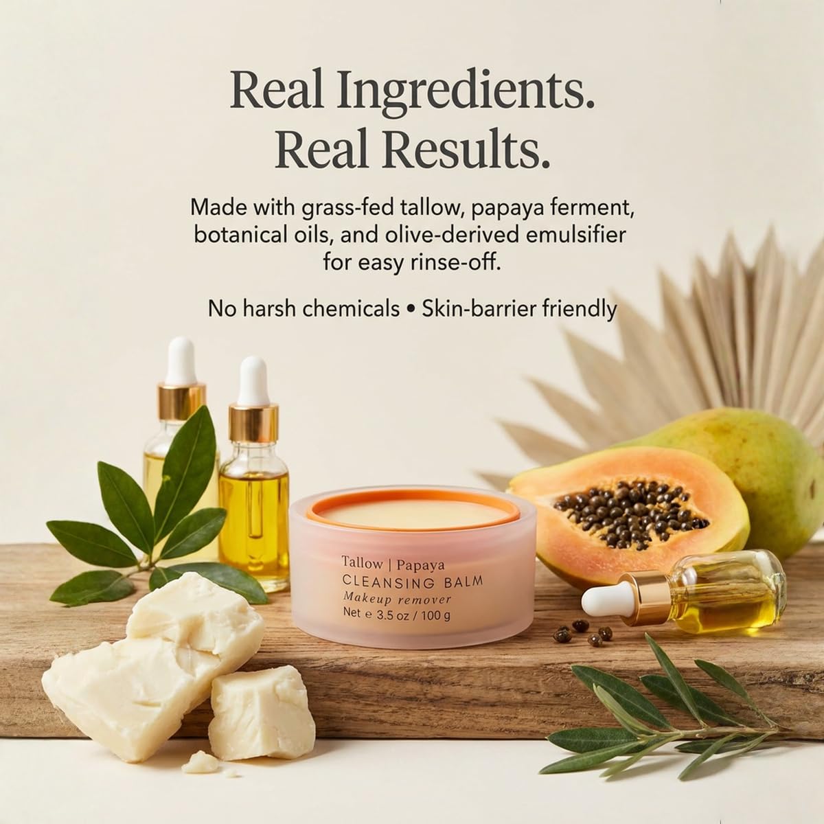 Tallow Cleansing Balm - With Grass-fed Beef Tallow, Papaya Enzyme | Waterproof Makeup Remover Balm | Natural Face Cleanser Oil | Sulphate Free | for sensitive skin, MADE IN USA - 3.5 oz/ 100 g
