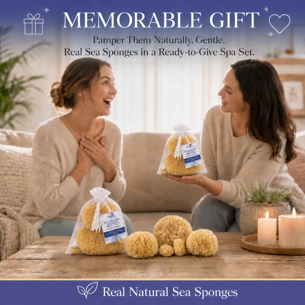 Natural Sea Sponge 5pk Spa Gift Set Bath Shower & Facial Care, Premium Bag