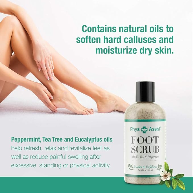 PhysAssist Foot Scrub – Exfoliating & Hydrating Foot Care Scrub for Dry, Rough Feet – Tea Tree, Peppermint & Apricot Seed Exfoliation – 8 oz Bottle
