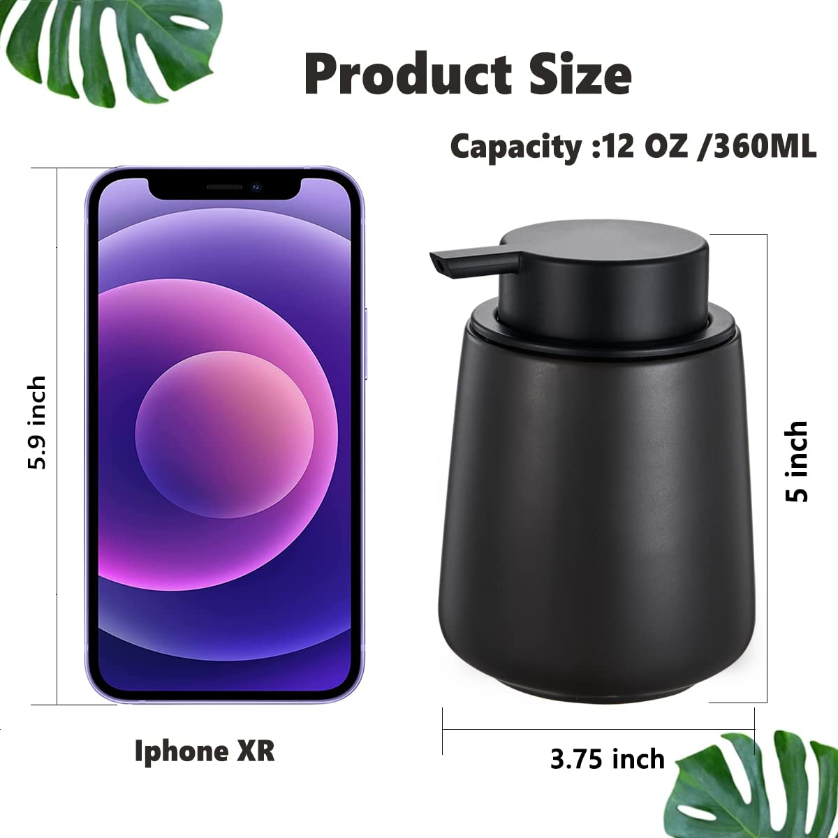 12Oz Black Soap Dispenser - Modern Ceramic Lotion Hand Soap Dispenser with Easy-to-Press Black Pump, Reusable and Refillable Liquid Dish Soap Dispensers for Bathroom & Kitchen