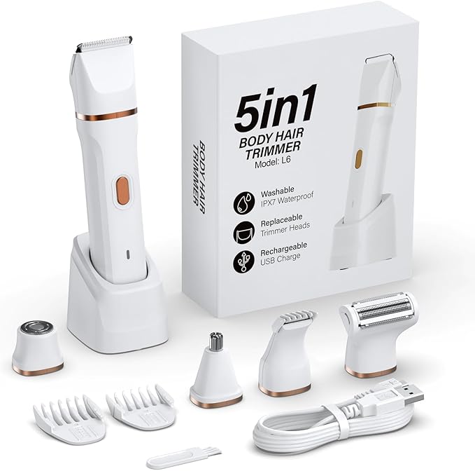 5-in-1 Bikini Trimmer for Women, IPX7 Waterproof Electric Razors Shaver, Cordless Body Hair Trimmer, Facial & Pubic Hair Removal, Ceramic Blade (White)
