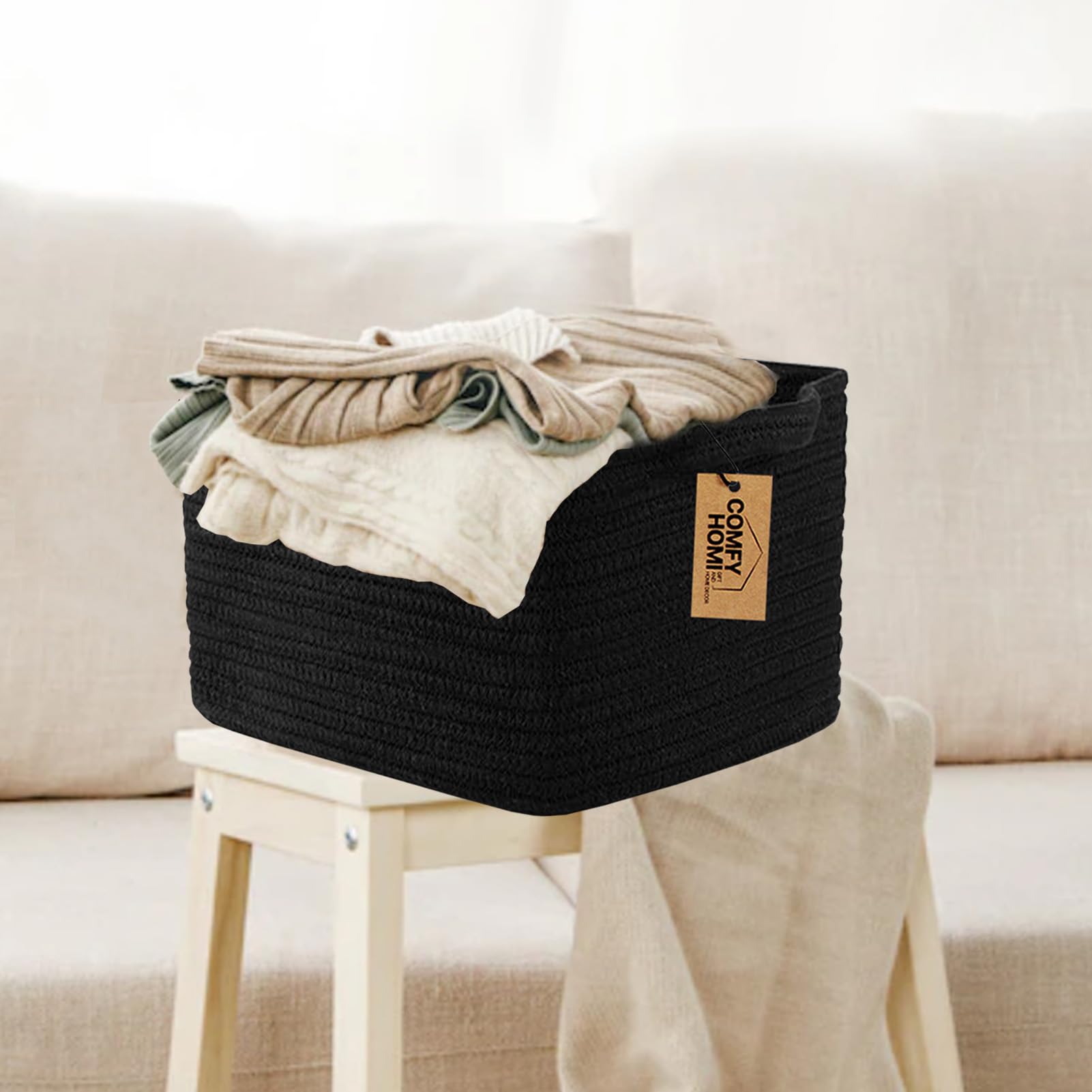 COMFY-HOMI Cotton Rope Woven Basket with Handles for Shelves,Toys,Book, Cloth Storage Baskets Bin for Organizing- 1 PCSToy Decorative Organizer for Living Room, Bathroom