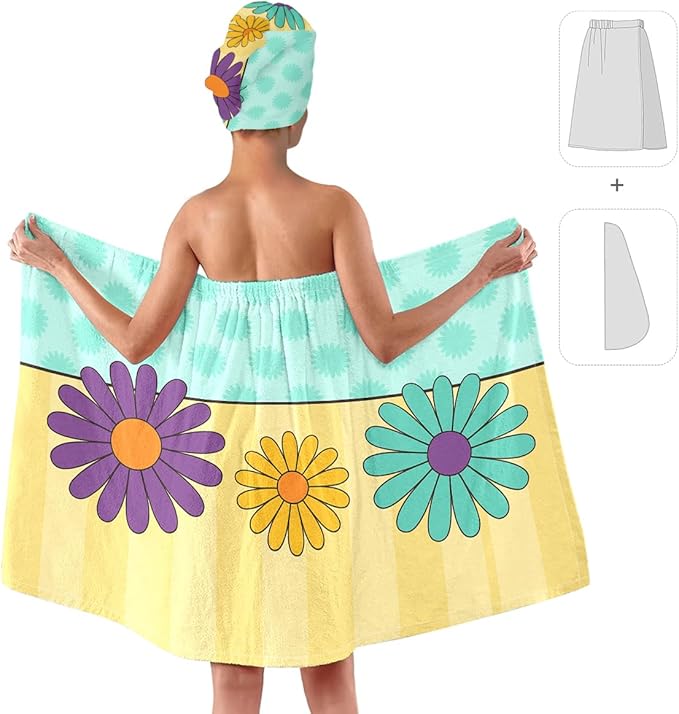 Women’s Spa Wrap Towel and Hair Drying Cap Set – Floral Quick-Dry Bath Wrap Skirt with Elastic Fit – Soft Shower Towel Dress for Women & Girls – Ideal for Spa, Travel, Dorm, (Floral)