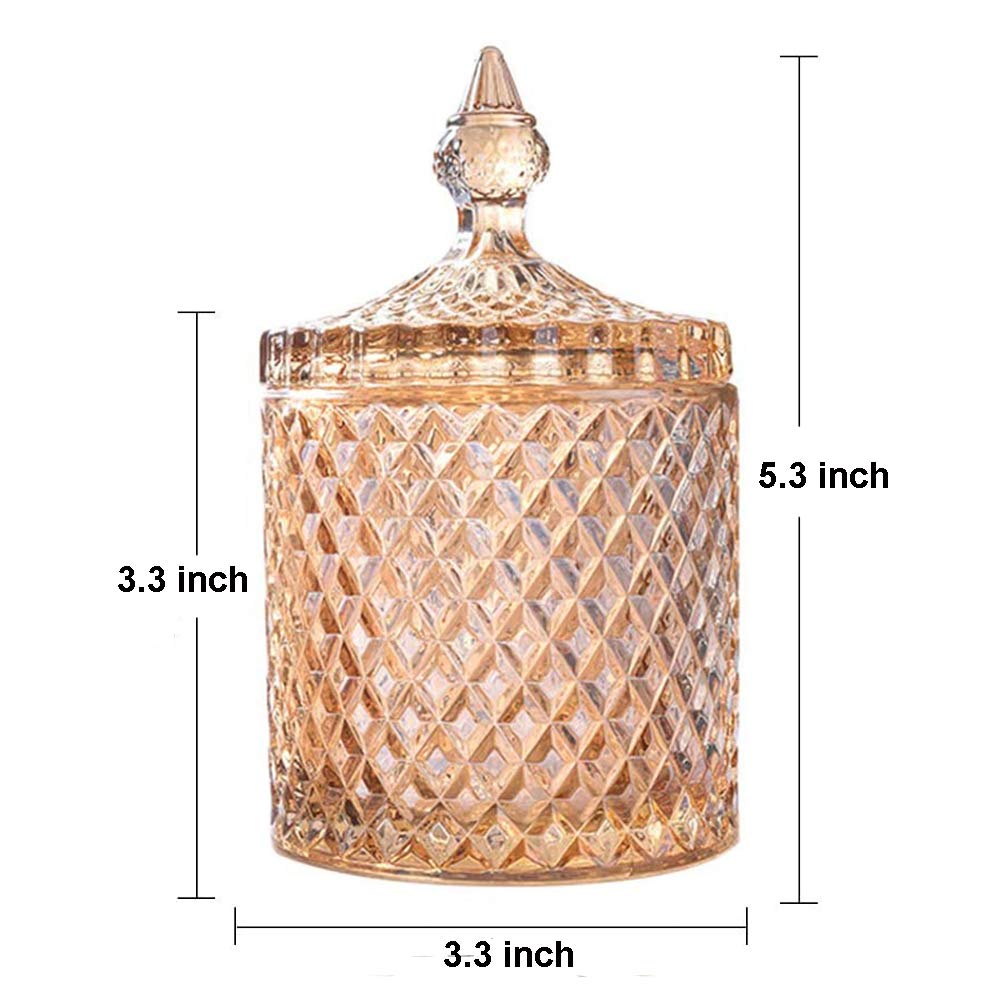 CLOVERHOME Colorful Home Decorative Jar Qtips Holder Dispenser Glass Storage Container Bathroom Counter Vanity Organizer for Bath Salts/Swabs/Rounds Makeup Sponges Toothpick Jewelry (Amber,10 oz，2