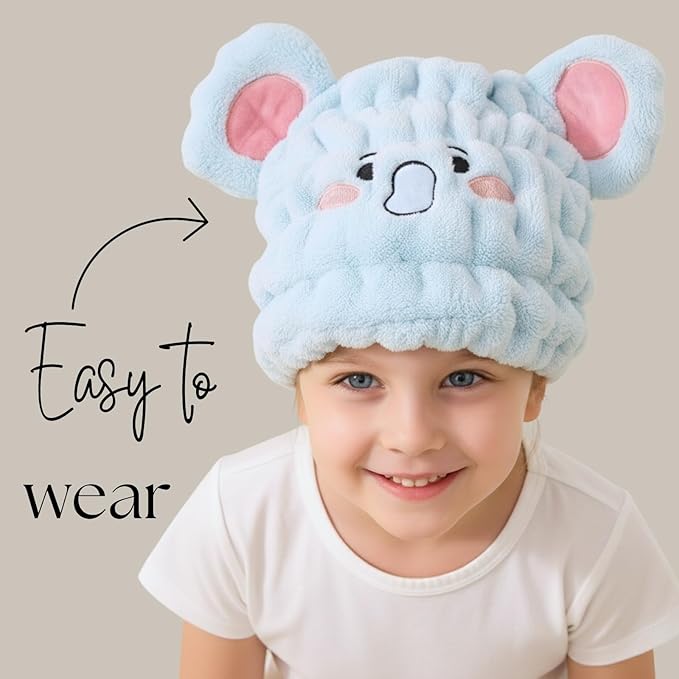 LCBD Microfiber Hair Towel Wrap for Kids, Blue Elephant Dry Hair Cap Suck Water, Absorbent Quick Girls Boys Hair Drying Towel, Lightweight Bouncy Hat Headscarf