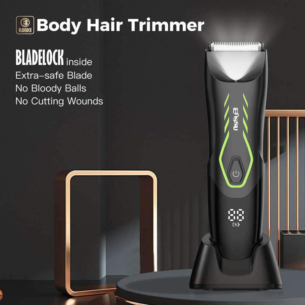 ENSSU Manscape Body Hair Trimmer for Men, Pubic Groin Hair Trimmer for Men with Safe Blade, Cordless Ball Shaver w/Light, Charging Dock, Waterproof Body Groomer Man, LED Display, 1H Charge,Green