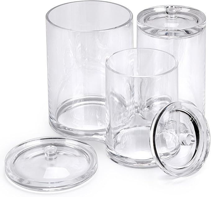 Hipiwe Clear Acrylic Cotton Swab Holder Preminm Quality Round Container Cotton Pad Q-tip Organize Case for Make Up Brush Clear Apothecary Jar