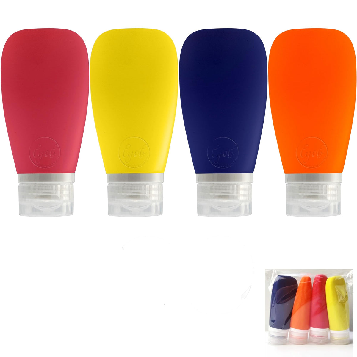 LYOB Travel Bottles for Toiletries, TSA Approved 3oz (90ml) Leak Proof Silicone Refillable Squeeze Travel Size Containers BPA Free for Cleansers, Lotions, Shampoo 4pk-With Bag (P,G,Blk,BL)
