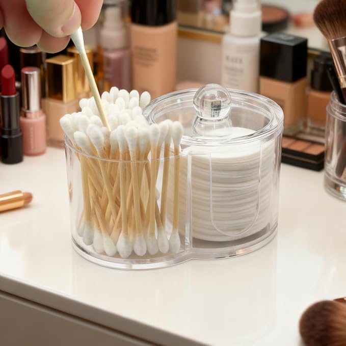 Zornaveli Q Tip Holder, 2-Grid Acrylic Cotton Swab & Cotton Pad Holder, 2 PCS Qtip Holder with Dustproof Lid for Bathroom,With 2 Pack of Qtips, Dressing Table Round Container