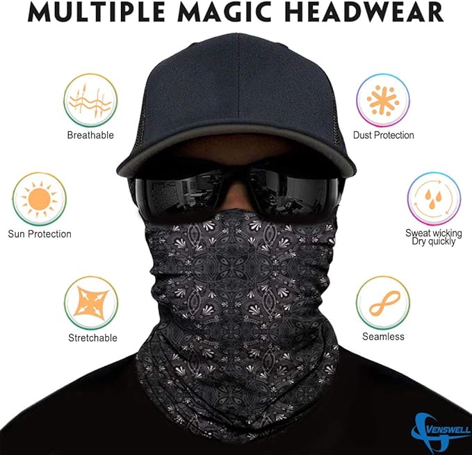 Neck Gaiter Mask, Sun Mask, Rave Bandana Face Mask, Seamless Face Scarf, Headband for Men Women (A-Black Series)