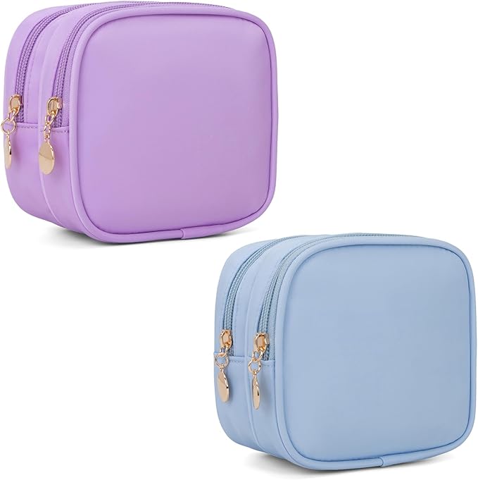 XIAOLER 2PCS Small Makeup Pouch, Double Zipper Cosmetic Bag, Travel Makeup Bag, Cute Makeup Bag for Purse, Mini Toiletry Bag (Blue+Lilac)