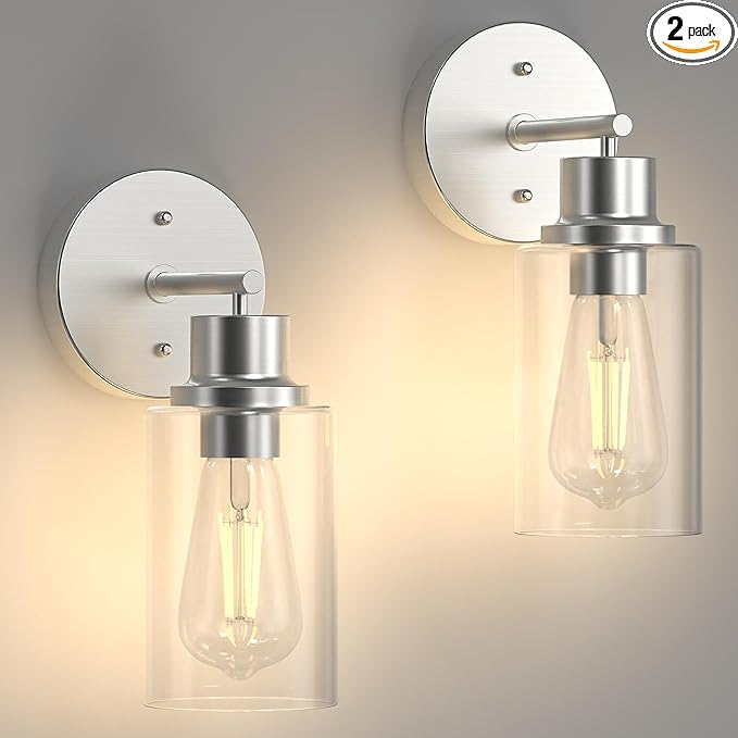 2-Pack Brushed Nickel Bathroom Wall Sconces, Modern Vanity Light Fixtures with Clear Glass Shade, 1-Light Wall Lamps Over Mirror for Bathroom, Bedroom, Hallway, Living Room