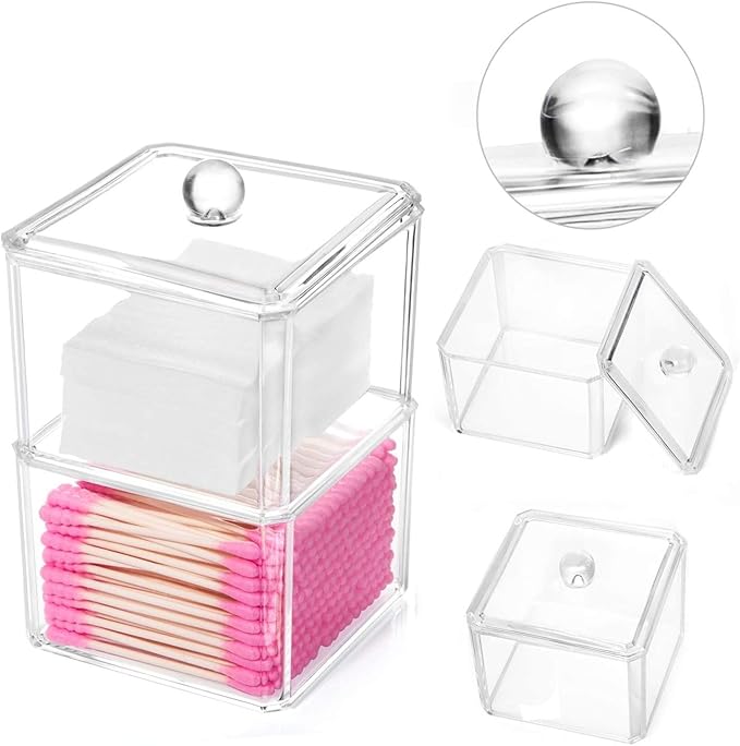 KW Collection Square Acrylic Cotton Ball Pads Gauze Swab Holder Organizer Q-tip Dispenser Storage Canister Bathroom Container Flossers Box Case (3.5 x 3.5 x 5.3 inches, Two Tiers, Transparent)
