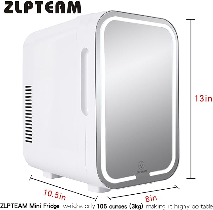 ZLPTEAM Mini Fridge with Mirror Door & Adjustable LED Lights - 8L Cosmetic Skincare Fridge for Bedroom,Dorm,Mini Car Refrigerator Portable Quiet Cooling,Gift for Women
