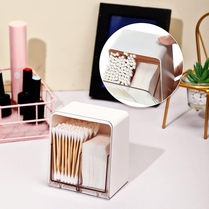 Sieral 2 Pcs Cotton Ball Holder Canisters for Cotton Swab/Pad/Ball Floss Dispenser Container Box with 2 Compartments Bathroom Storage Organizer with Clear Lid for Round Pads Makeup, White