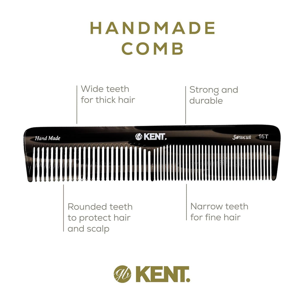 Kent 16T-16TG Fine Tooth and Wide Tooth Comb for Daily Grooming, Handmade Styling Comb for All Hair Types, Styling and Detangling Combs for Men and Women