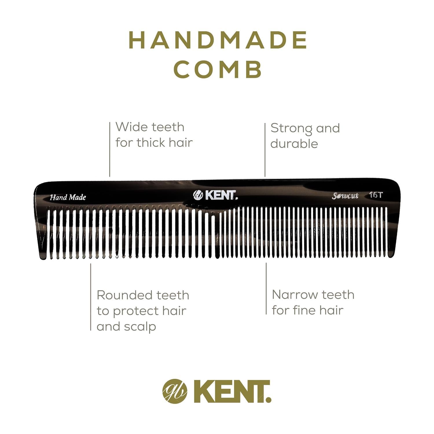 Kent 16T-16TG Fine Tooth and Wide Tooth Comb for Daily Grooming, Handmade Styling Comb for All Hair Types, Styling and Detangling Combs for Men and Women