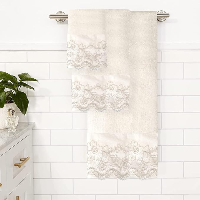Zahari Home Rose Vine Bathroom Towel Set - 3 Piece Towel Set in Beige - Modern Decor, Unique Design