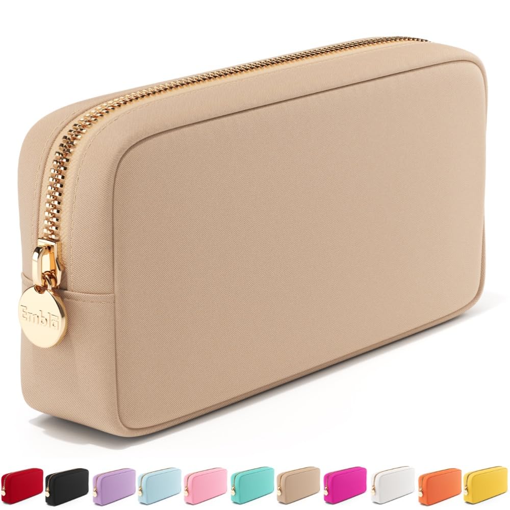Embla Medium Travel Makeup Bag and Waterproof Nylon Travel Toiletry Bag with Smooth Zipper, Compact Slim Cosmetic Pouch, Beige