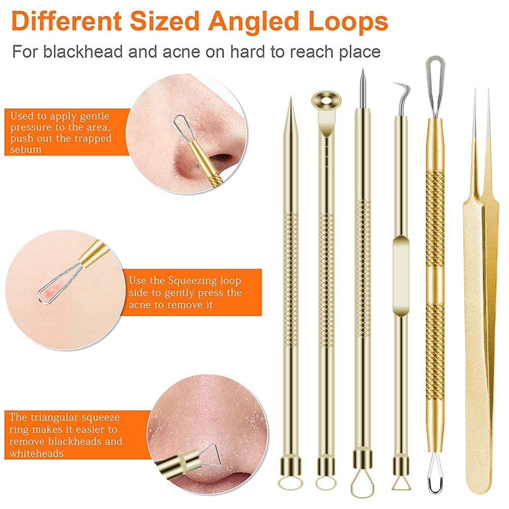 Pimple Popper Tool Kit 6 Pcs Blackhead Remover Acne Needle Tools Set Removing Treatment Comedone Whitehead Popping Zit for Nose Face Skin Blemish Extractor Tool - Gold