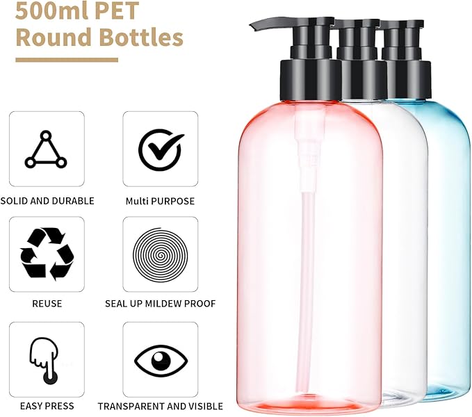 Bynccea Plastic Pump Bottle 16 oz/500 ml Empty Shampoo Pump Bottles Dispenser Portable Pump Bottles for Shampoo and Conditioner Liquid