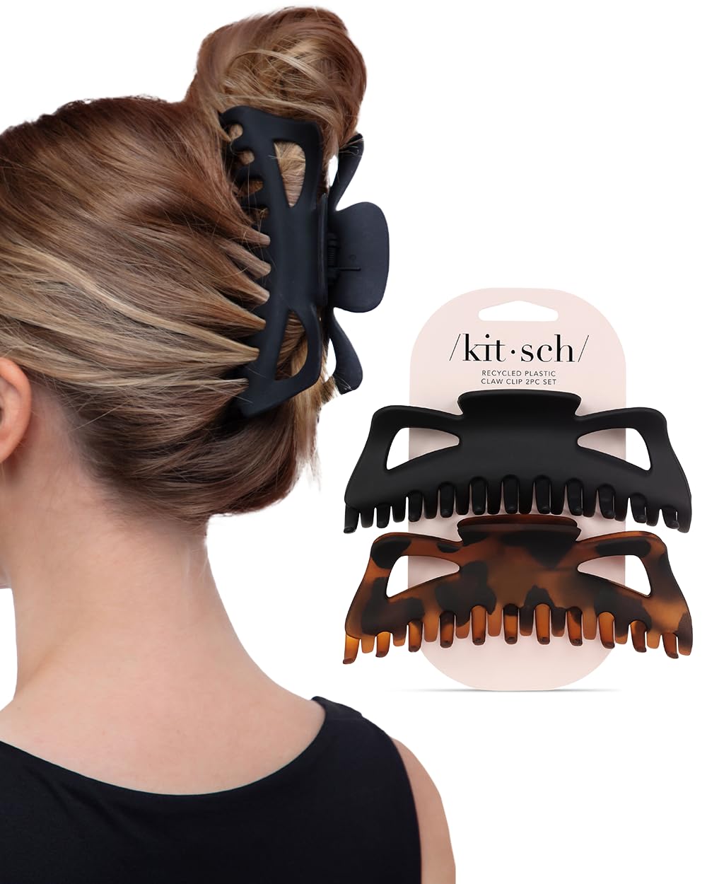 Kitsch 5 Inch Large Claw Clips for Thick and Long Hair | Strong Grip Jumbo Claw Clip for All-Day Hold | 2pcs Matte Oversized Hair Accessories - Black & Tortoise Design