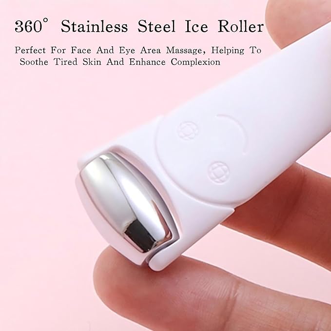 KINTEGOOD Mini Ice Roller for Face and Eyes, Portable Stainless Steel Facial Massage Tool with Cream Spoon for Travel, Dark Circles and Puffiness Relief, White