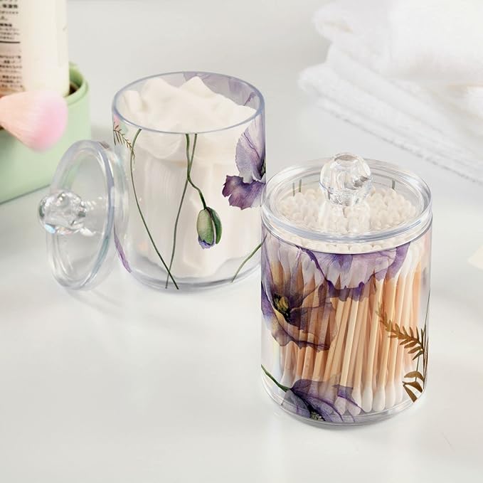 4 Pack Qtip Holder Dispenser Watercolor Flowers Purple Poppies Cotton Ball Cotton Swab Round Pads Floss Clear Bathroom Storage Containers Plastic Apothecary Jars with Lids