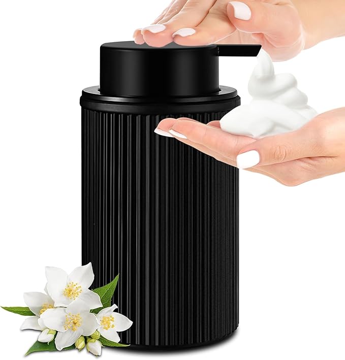 Matte Black Foaming Soap Dispenser, Ribbed Glass Foam Hand Soap Dispenser for Bathroom, 11 Fl Oz Refillable Foaming Bottle with Black Pump, Modern Dish Soap Foam Dispenser