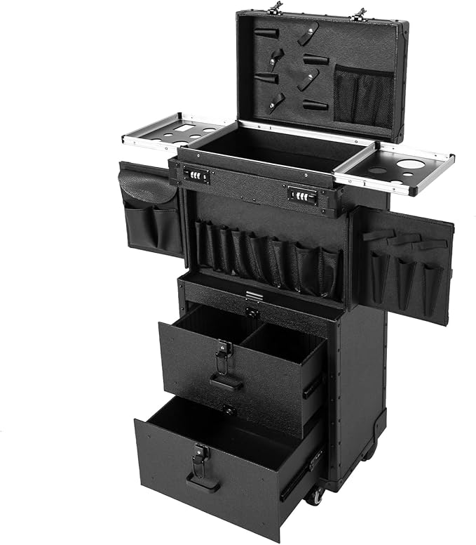 LXYIUTRW Bepritm Rolling Makeup Case, Large Retro Train Case Hairdressing Trolley with Universal Casters & Combination Lock, Travel Hair Tool Organizer for Barber, Beauty Stores, Nail Salons (Black)