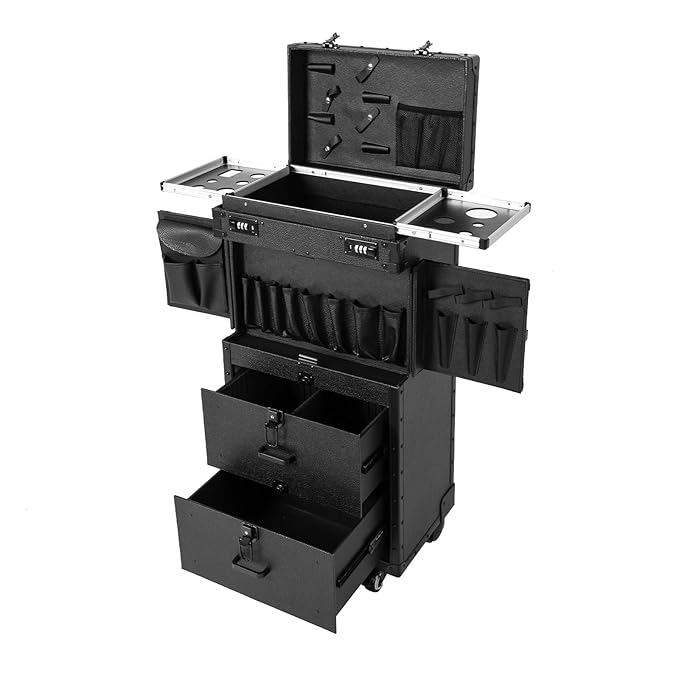 CNCEST Beauty Salon Luggage, Rolling Lockable Hair Stylist Travel Case Hairdressing Trolley Stylist Beauty Salon Cosmetic Luggage Travel Organizer Tool Box with Hair Dryer Holder(All Black)