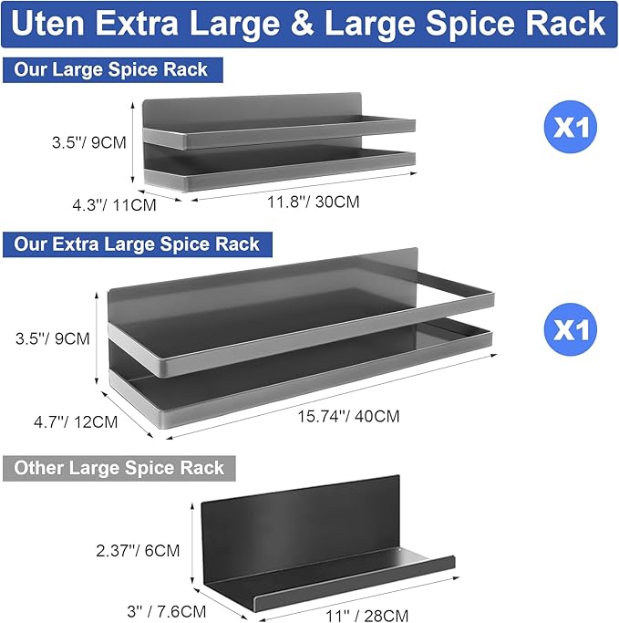 Uten Large Magnetic Spice Rack for Refrigerator 2 Pack, Gray