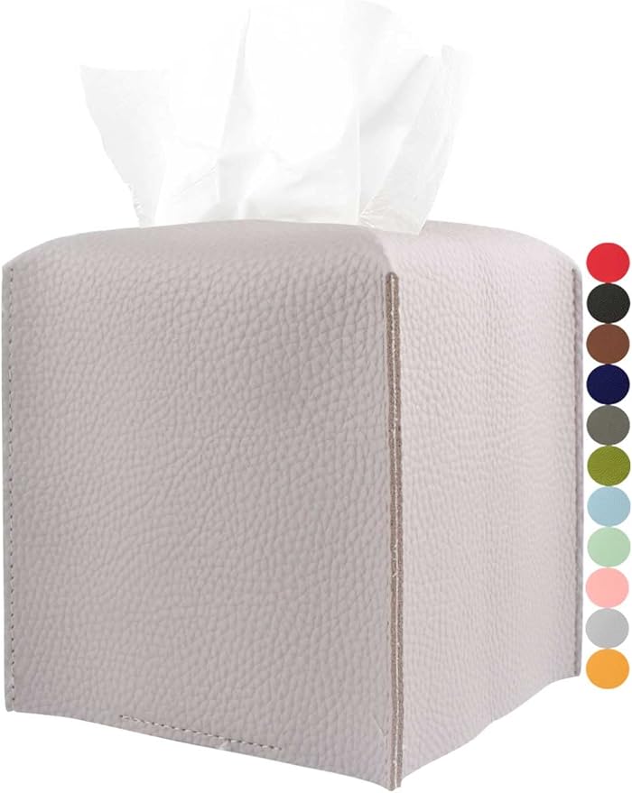 Light Purple Tissue Box Cover Square – with Bottom Belt [JESMINI] Modern PU Leather Tissue Box Holder Decorative for Bathroom Vanity Countertop/Night Stands/Office Desk, 5x5x5