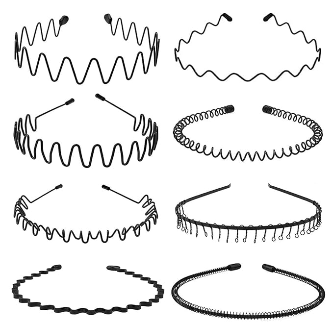 KELUBATU Metal Headband for Men, Adjustable Wavy Hair Band, Zig Zag 8 Pcs