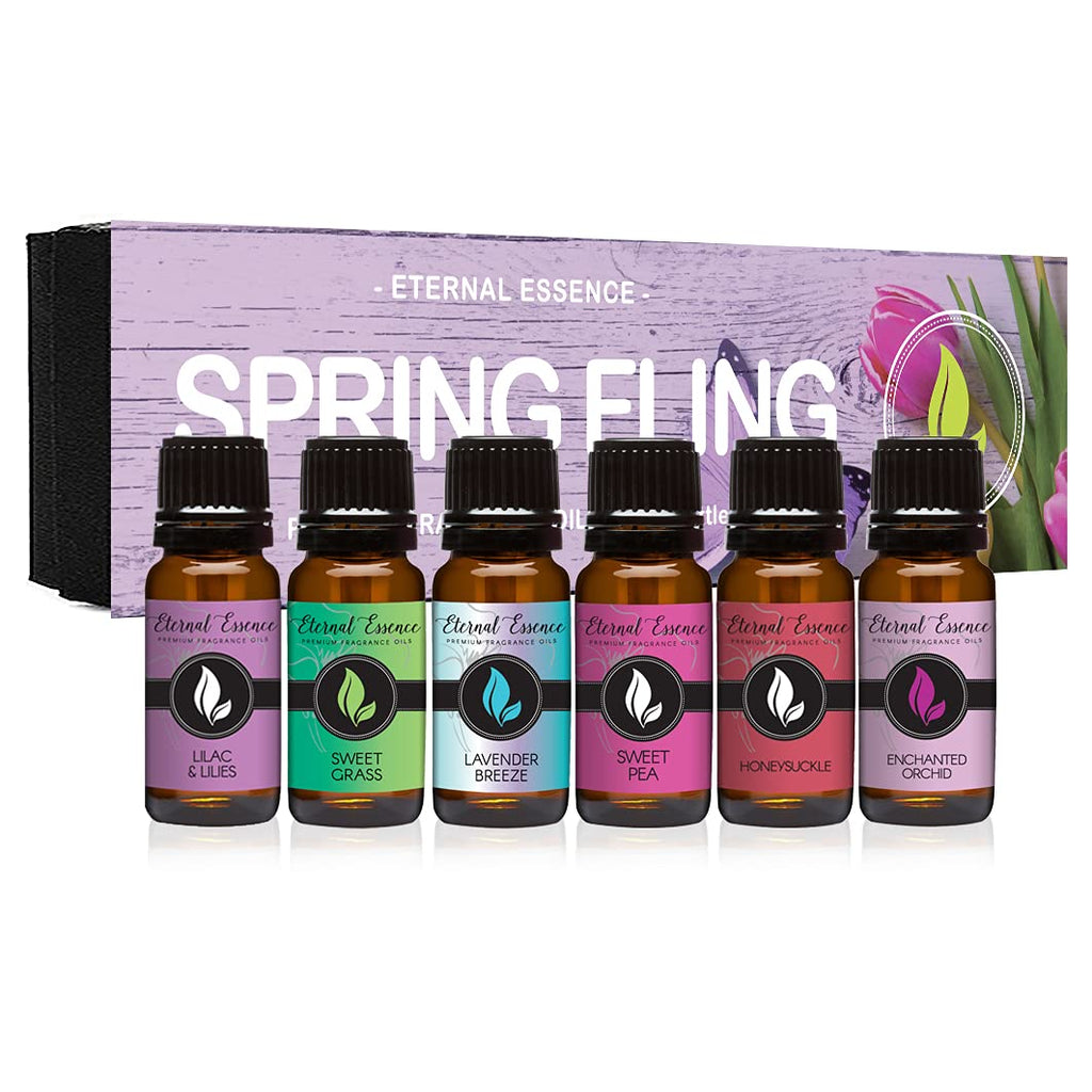 Eternal Essence Oils Spring Fling Set of 6 Premium Fragrance Oils - Includes Sweet Grass, Lilac & Lilies, Lavender Breeze, Sweet Pea, Honeysuckle and Enchanted Orchid Scented Oils - 10ML