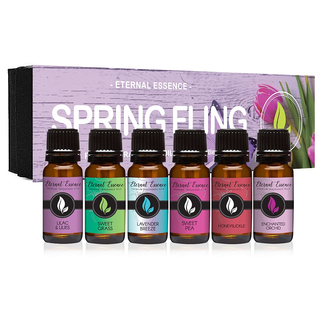 Eternal Essence Oils Spring Fling Set of 6 Premium Fragrance Oils - Includes Sweet Grass, Lilac & Lilies, Lavender Breeze, Sweet Pea, Honeysuckle and Enchanted Orchid Scented Oils - 10ML