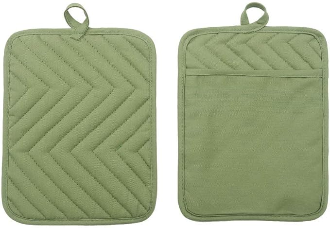 Anyi Heat Resistant Pot Holders, Cotton Hot Pads for Counter & Table, Green with Pocket