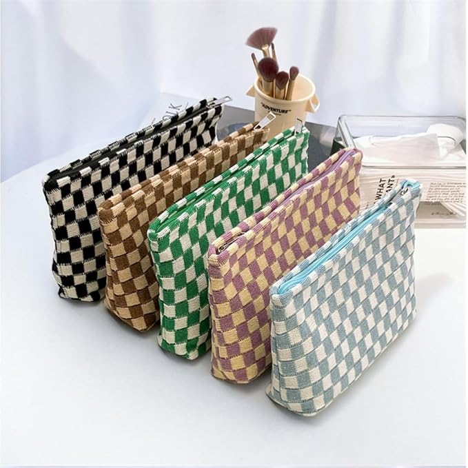 SxoSyo Checkered Cosmetic Bags for Purse, Large Makeup Pouch, Pink