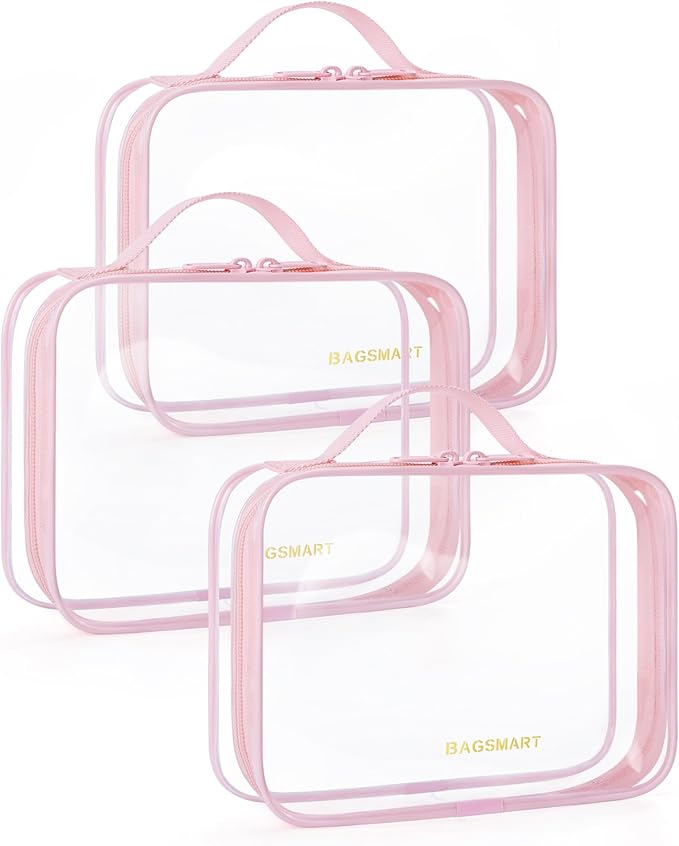 BAGSMART Clear Toiletry Bag with Handle 3-Pack TSA Approved, Pink