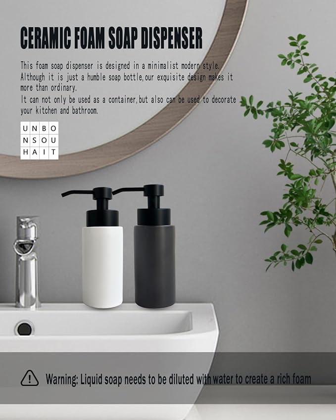 UNBONSOUHAIT 9.5 Oz Foaming Soap Dispenser for Bathroom,Kitchen Foam Soap Dispenser,Refillable Modern Foam Pump Bottle,Black Ceramic Foaming Hand Pump Dispenser (White)