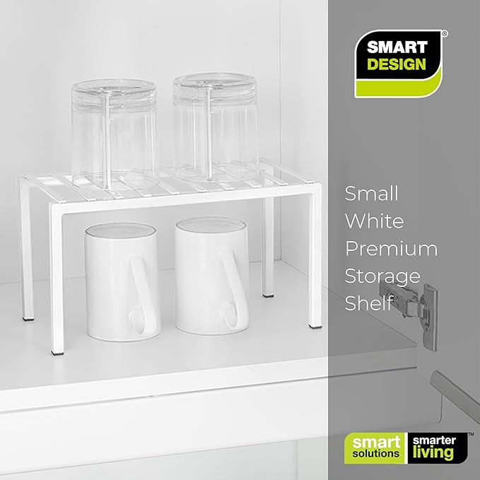 Smart Design Premium Cabinet Storage Shelf Rack - Small - 10.5 x 5.25 Inch - Steel Metal - Rust Resistant - Cupboard, Plate, Dish, Cup, Bathroom Counter and Pantry Organization Riser - Kitchen - White