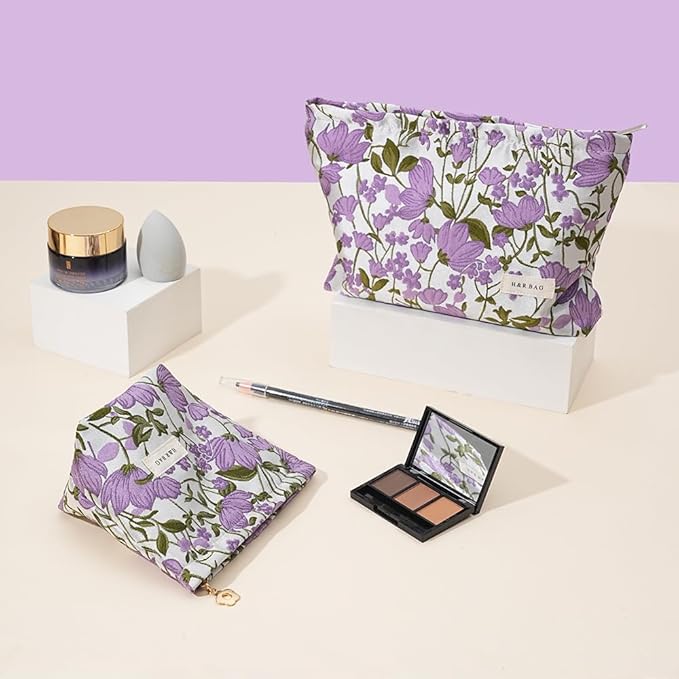 BOCGRPU 2 PCS Makeup Bag Small Cute Makeup Pouch Floral Cosmetic Bag for Women，Soft Toiletry Bag Pouch for Purse，Embroidery Craft Makeup Bag with Zipper（Purple Flower）