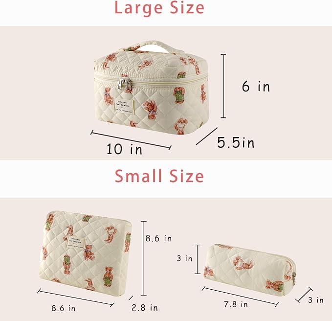 uekeboag 3Pcs Large Travel Quilted Makeup Bag for Women, Floral Cotton Cosmetic Bag, Coquette Aesthetic Floral Toiletry Organizer Bag(3Pcs WhiteBear