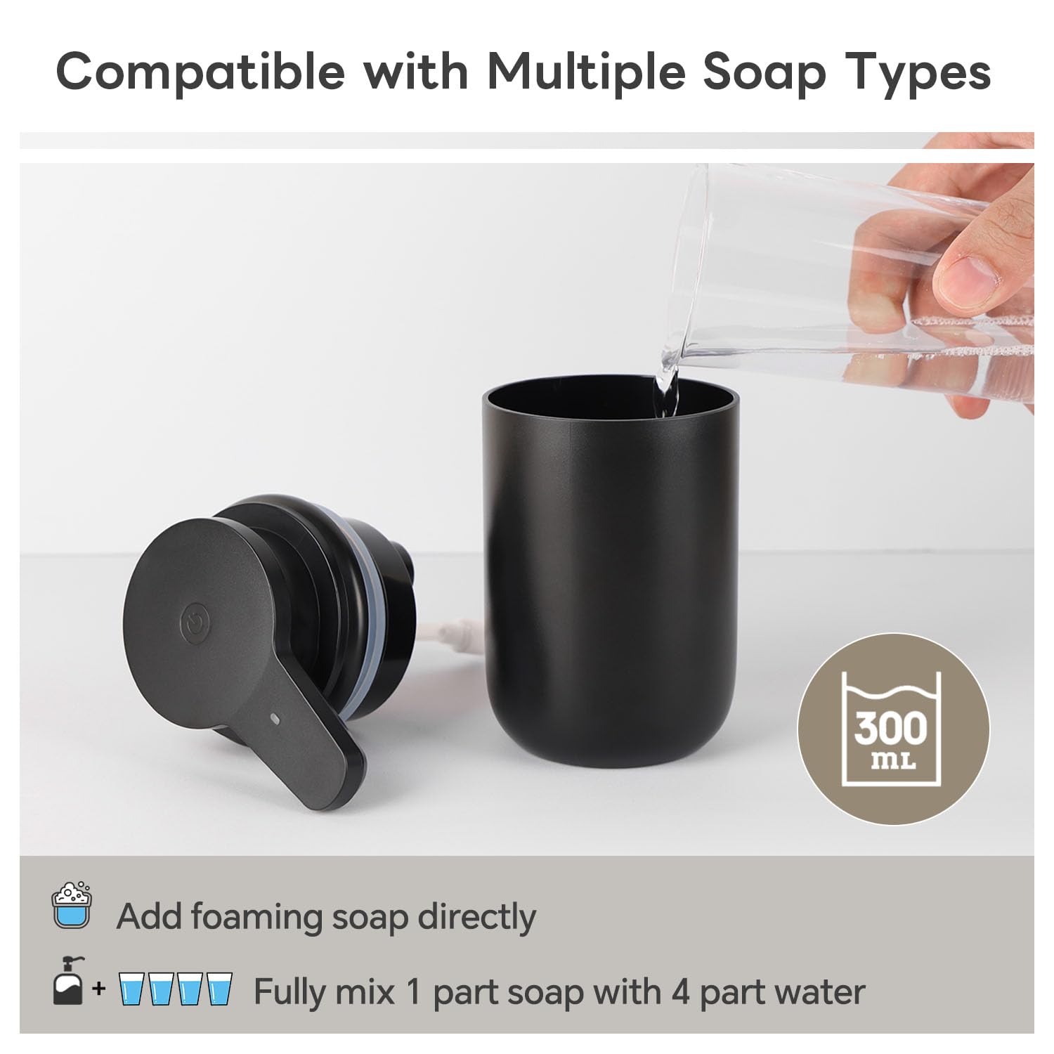 Automatic Foaming Soap Dispenser, Rechargeable Touchless Foam Hand Soap Dispenser for Bathroom, Soap Pump for Kitchen, Water-Resistant, Xmas Gift 10oz, Black