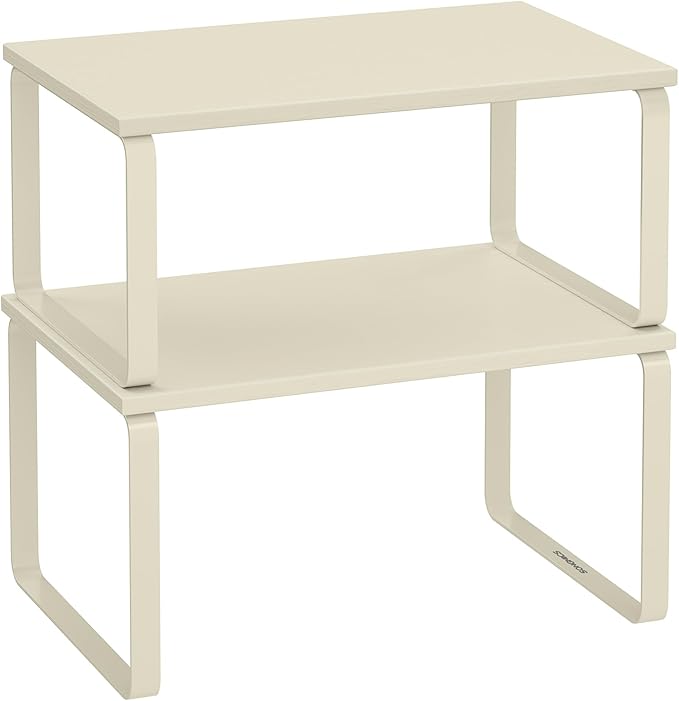 SONGMICS Cabinet Organizer Shelf, Set of 2 Kitchen Counter Shelves, Kitchen Storage, Spice Rack, Stackable, Expandable, Metal and Engineered Wood, 11.7 Inches, Cream White UKCS002W02