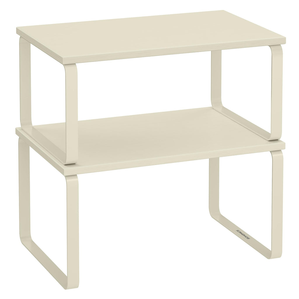 SONGMICS Cabinet Organizer Shelf, Set of 2 Kitchen Counter Shelves, Kitchen Storage, Spice Rack, Stackable, Expandable, Metal and Engineered Wood, 11.7 Inches, Cream White UKCS002W02