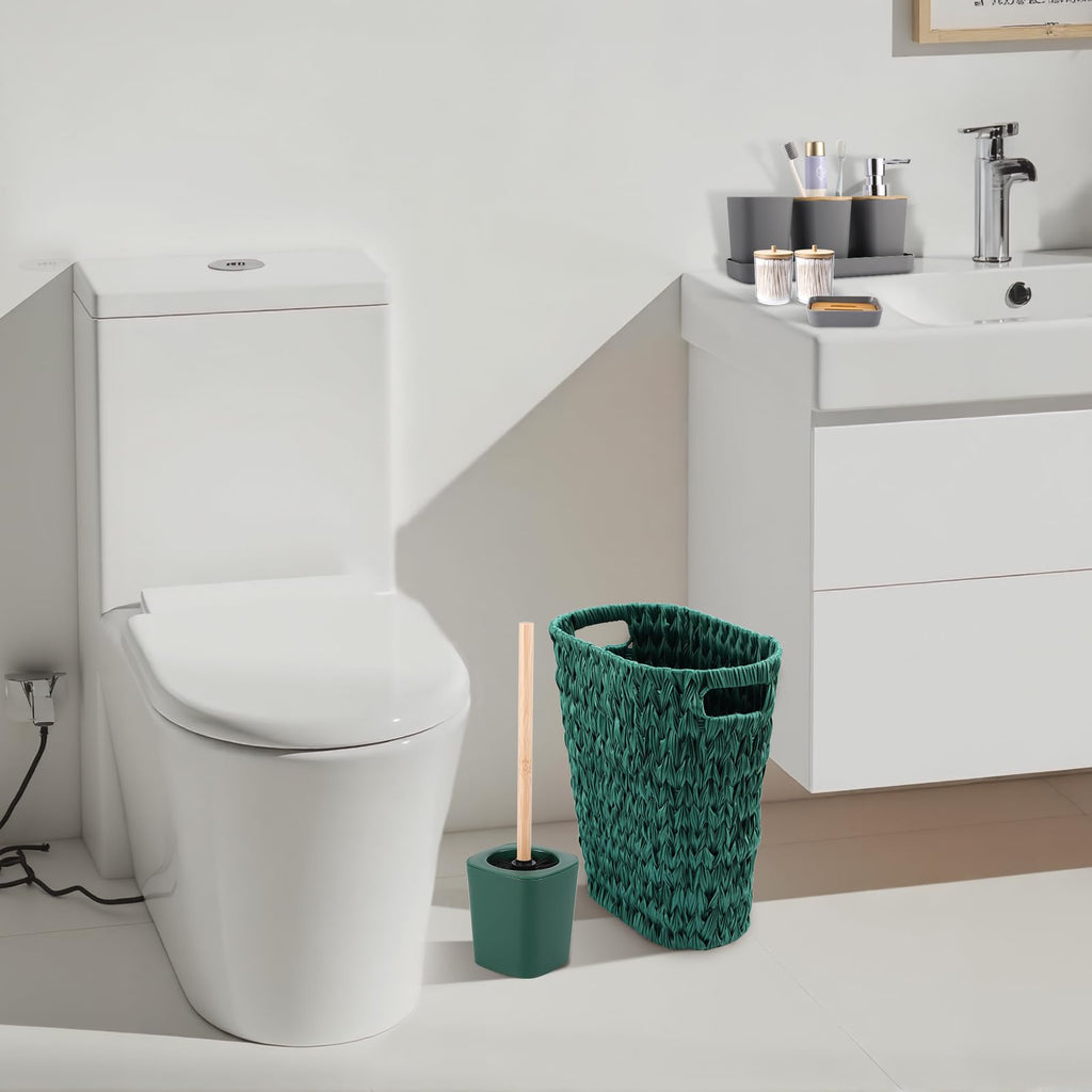 XLHOMO Dark Green Bathroom Accessories Set with Wicker Trash Can Shower Curtain and Rugs,Bathroom Sets Small Waste Basket Bathroom Trash Can for Bedroom Bathroom